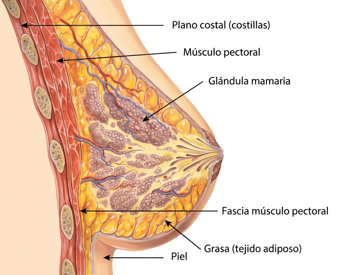 Esquema de las capas de una mama no operada: piel, grasa, glándula y músculo pectoral