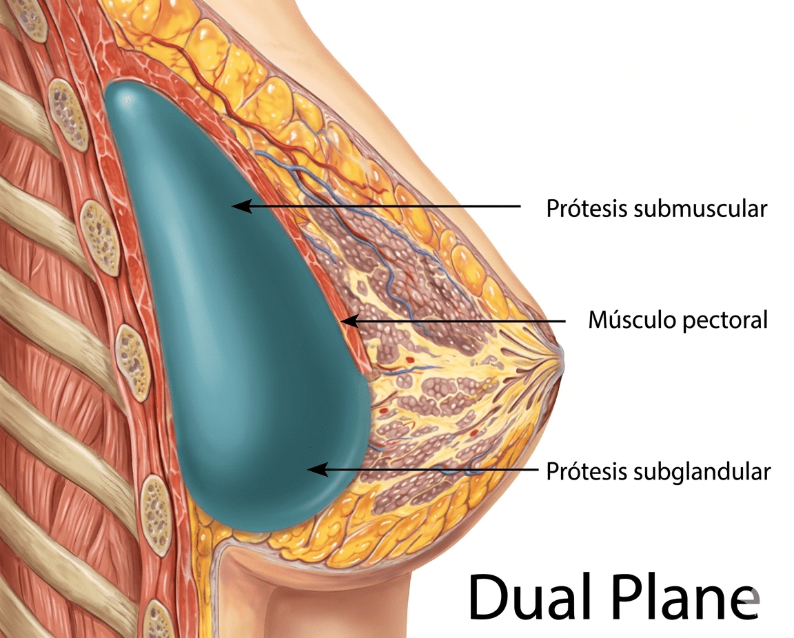 Esquema de implante mamario dual plane con cobertura pectoral superior y polo inferior bajo la glándula
