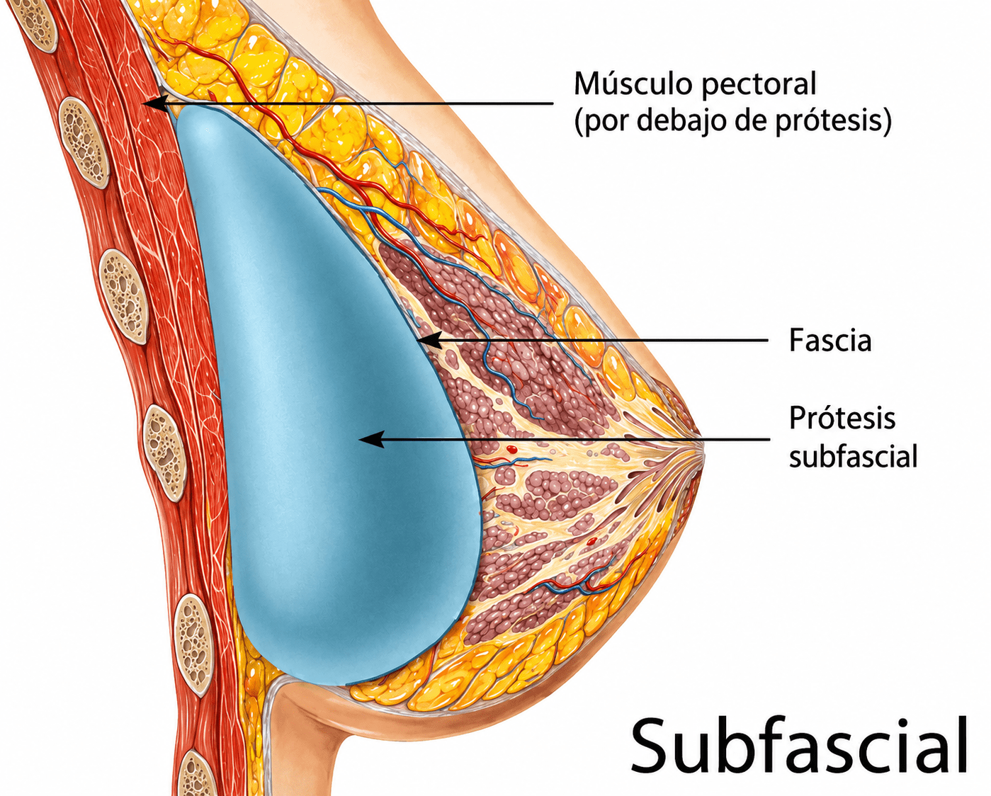 Esquema de implante mamario en posición subfascial, bajo la fascia y sobre el pectoral