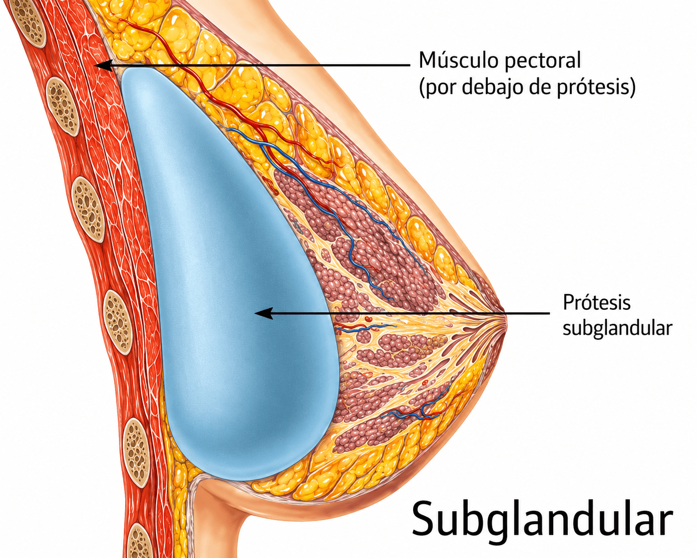 Esquema de prótesis mamaria subglandular situada encima del músculo pectoral