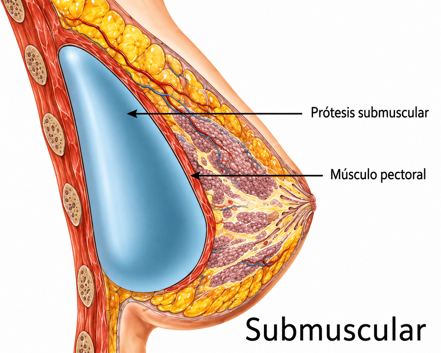 Esquema de prótesis mamaria en posición submuscular total bajo el pectoral