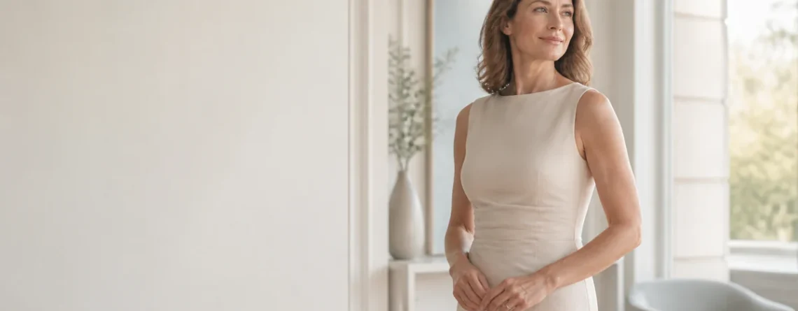 Mujer adulta con vestido claro en un ambiente luminoso, imagen del artículo sobre mommy makeover