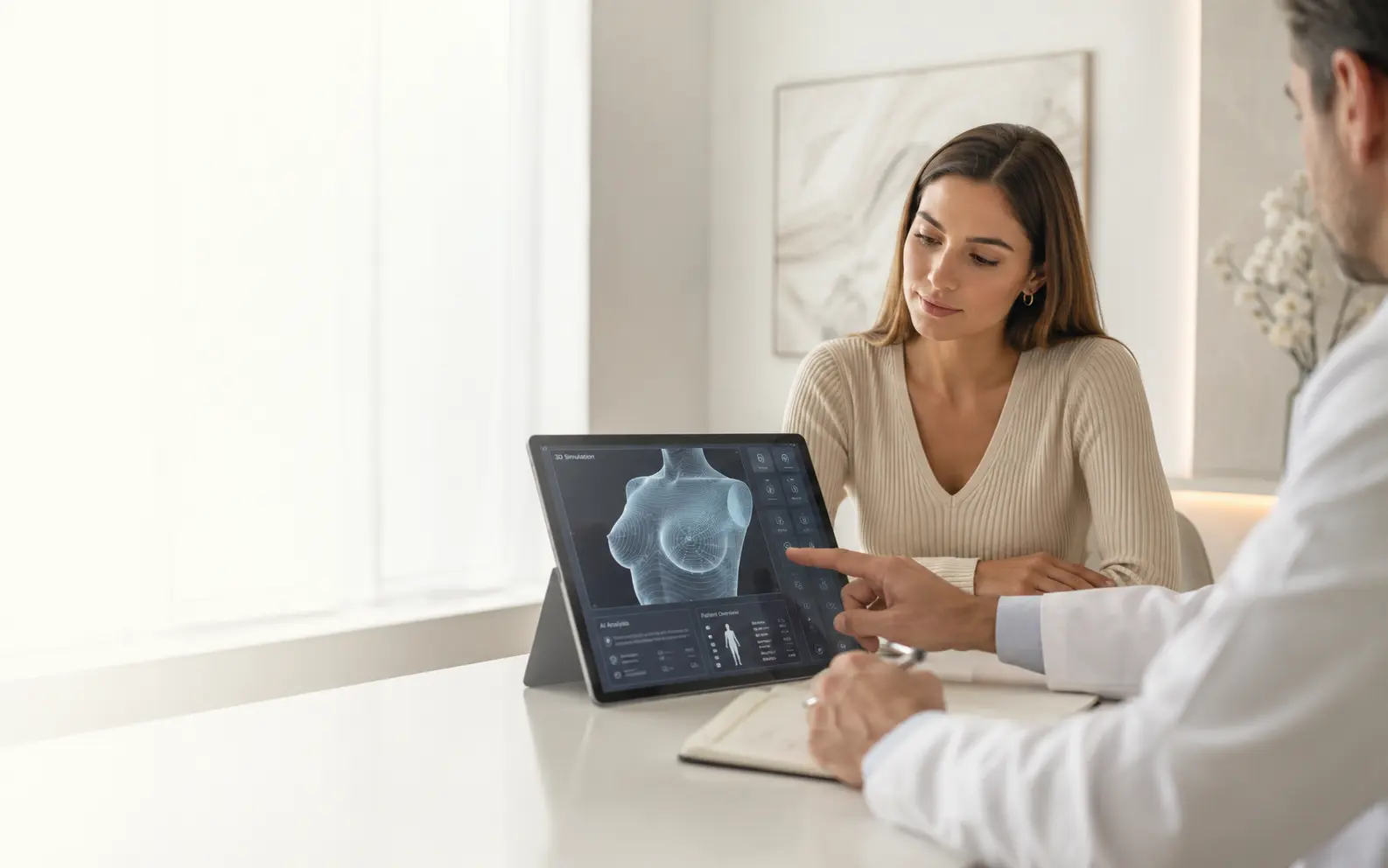 Illustration of a medical consultation about breast anatomy and treatment options
