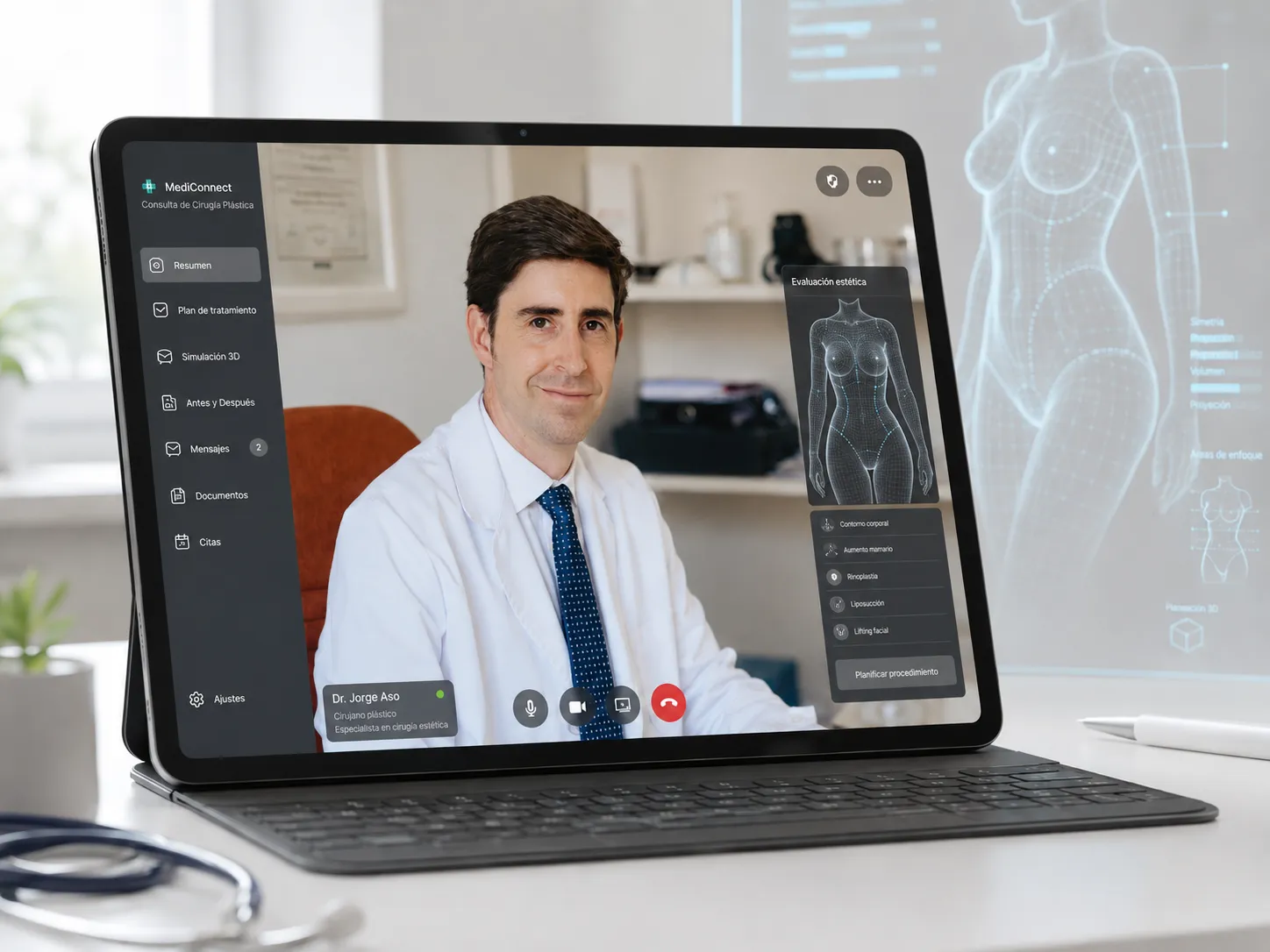 Videollamada médica online con el Dr. Aso y visualización 3D corporal generada por IA