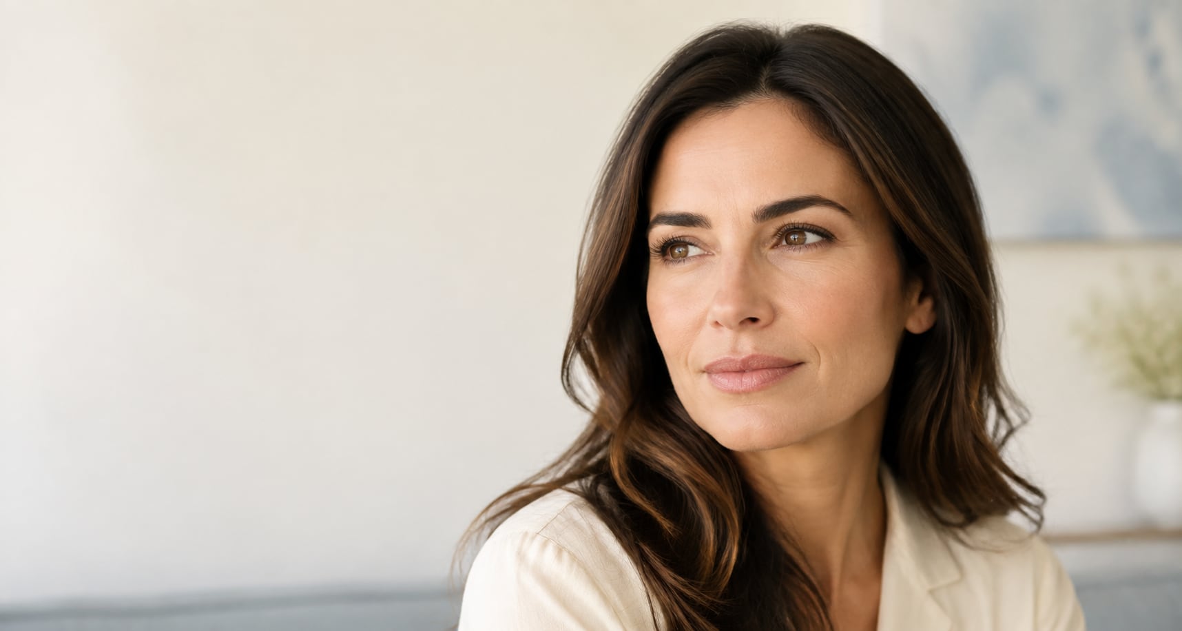 Mujer adulta con una mirada natural en una escena editorial de consulta