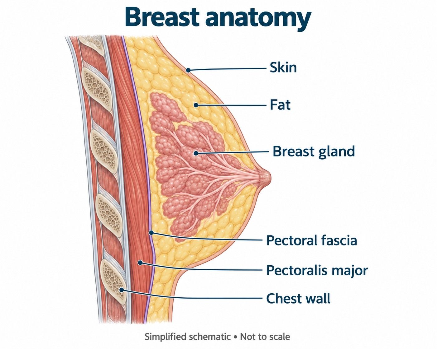 Diagram of the layers of an unoperated breast: skin, fat, gland, and pectoral muscle