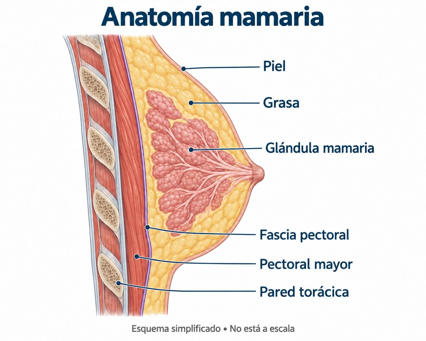 Esquema de las capas de una mama no operada: piel, grasa, glándula y músculo pectoral