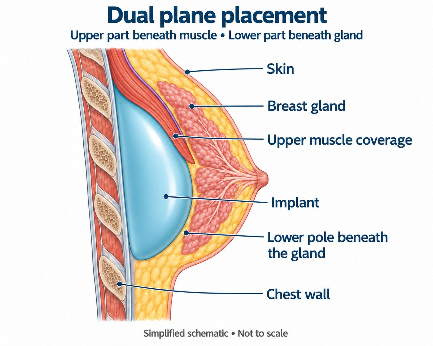 Diagram of a dual plane breast implant with upper pectoral coverage and lower pole beneath the gland