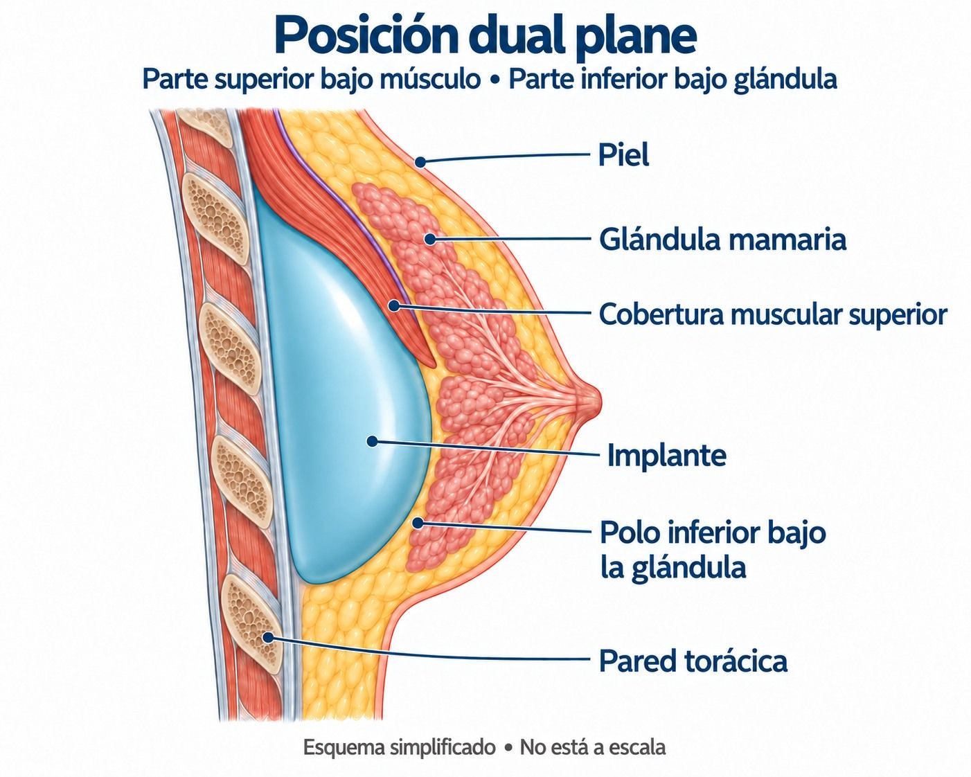 Esquema de implante mamario dual plane con cobertura pectoral superior y polo inferior bajo la glándula