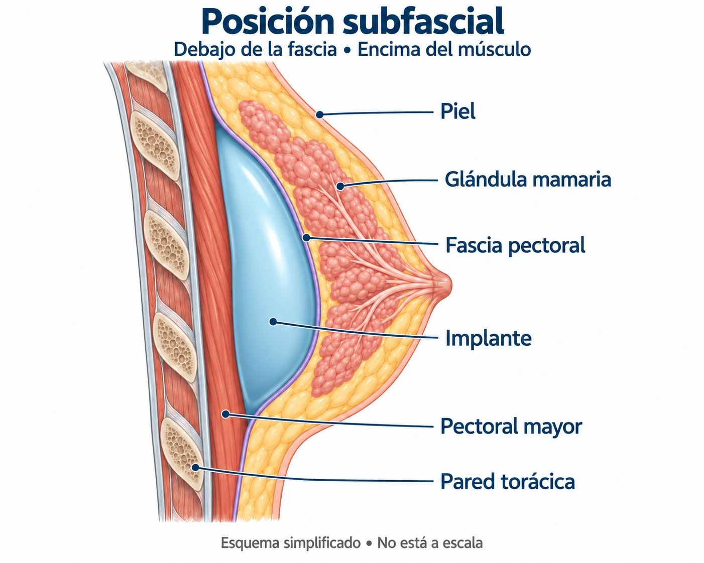 Esquema de implante mamario en posición subfascial, bajo la fascia y sobre el pectoral