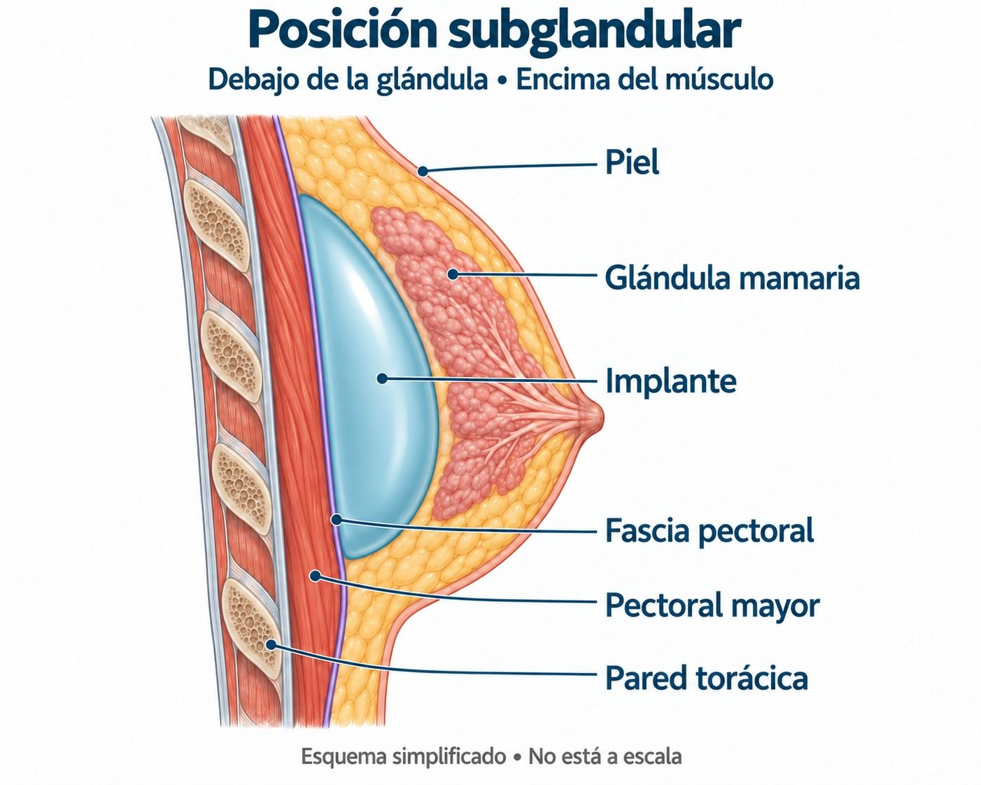 Esquema de prótesis mamaria subglandular situada encima del músculo pectoral